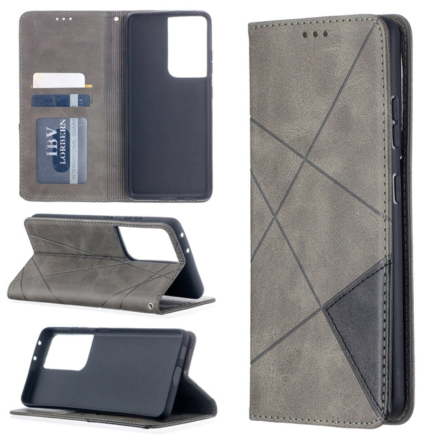 For Samsung Galaxy S21 Ultra 5G Rhombus Texture Horizontal Flip Magnetic Leather Case with Holder & Card Slots(Grey)-garmade.com