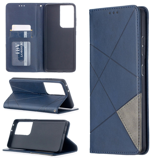 For Samsung Galaxy S21 Ultra 5G Rhombus Texture Horizontal Flip Magnetic Leather Case with Holder & Card Slots(Blue)-garmade.com