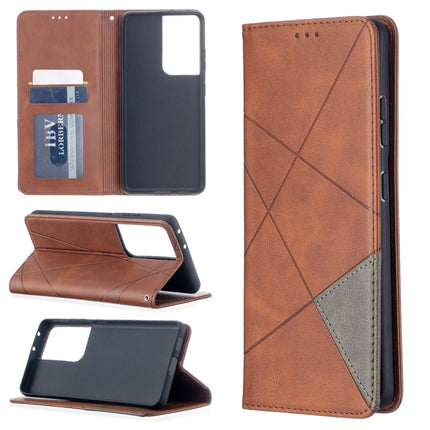 For Samsung Galaxy S21 Ultra 5G Rhombus Texture Horizontal Flip Magnetic Leather Case with Holder & Card Slots(Brown)-garmade.com