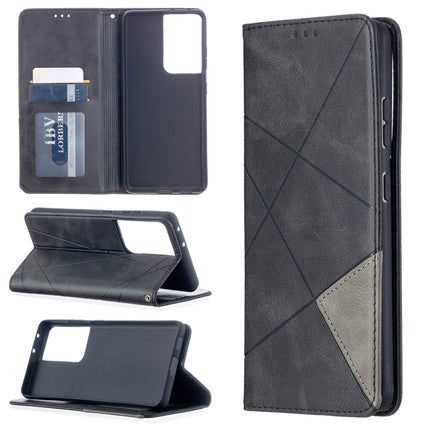 For Samsung Galaxy S21 Ultra 5G Rhombus Texture Horizontal Flip Magnetic Leather Case with Holder & Card Slots(Black)-garmade.com