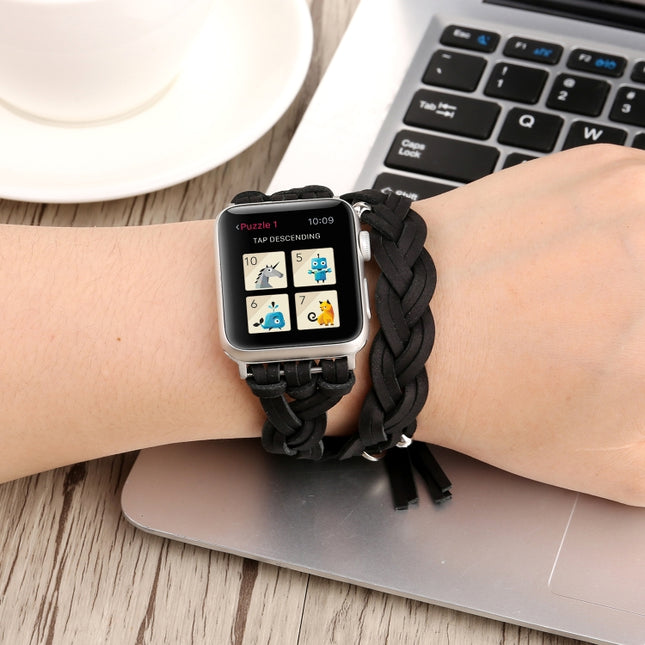 Hand-woven Leather Watchband For Apple Watch Series 6 & SE & 5 & 4 40mm / 3 & 2 & 1 38mm(Black)-garmade.com