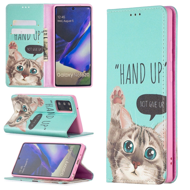 For Samsung Galaxy Note20 Colored Drawing Pattern Invisible Magnetic Horizontal Flip PU Leather Case with Holder & Card Slots & Wallet(Cat)-garmade.com