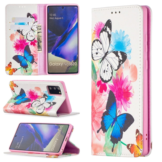 For Samsung Galaxy Note20 Colored Drawing Pattern Invisible Magnetic Horizontal Flip PU Leather Case with Holder & Card Slots & Wallet(Two Butterflies)-garmade.com