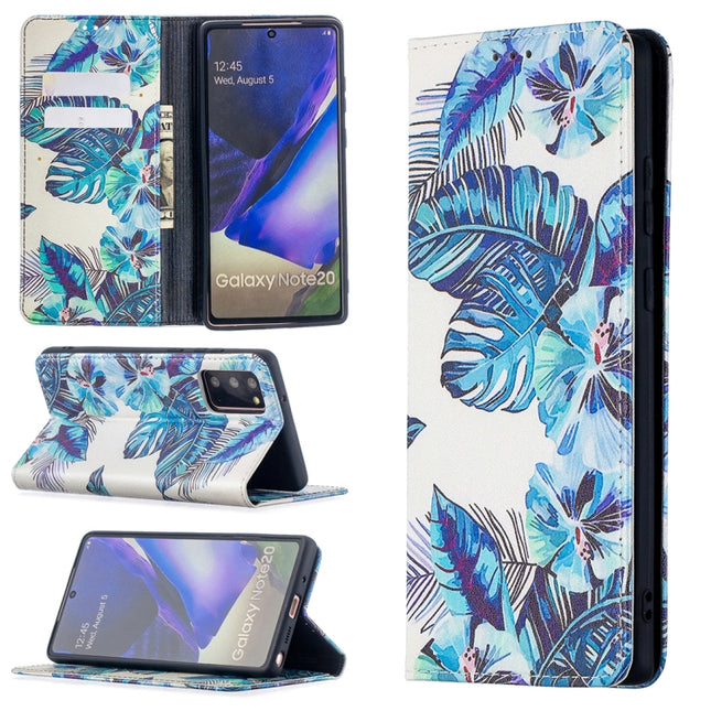 For Samsung Galaxy Note20 Colored Drawing Pattern Invisible Magnetic Horizontal Flip PU Leather Case with Holder & Card Slots & Wallet(Blue Leaves)-garmade.com