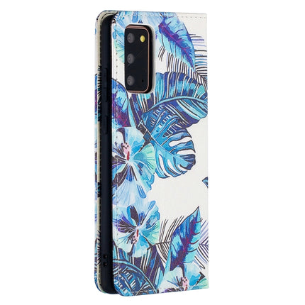 For Samsung Galaxy Note20 Colored Drawing Pattern Invisible Magnetic Horizontal Flip PU Leather Case with Holder & Card Slots & Wallet(Blue Leaves)-garmade.com