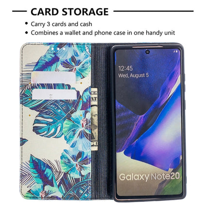For Samsung Galaxy Note20 Colored Drawing Pattern Invisible Magnetic Horizontal Flip PU Leather Case with Holder & Card Slots & Wallet(Blue Leaves)-garmade.com
