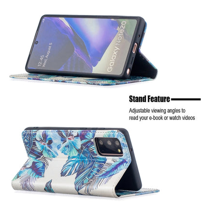 For Samsung Galaxy Note20 Colored Drawing Pattern Invisible Magnetic Horizontal Flip PU Leather Case with Holder & Card Slots & Wallet(Blue Leaves)-garmade.com