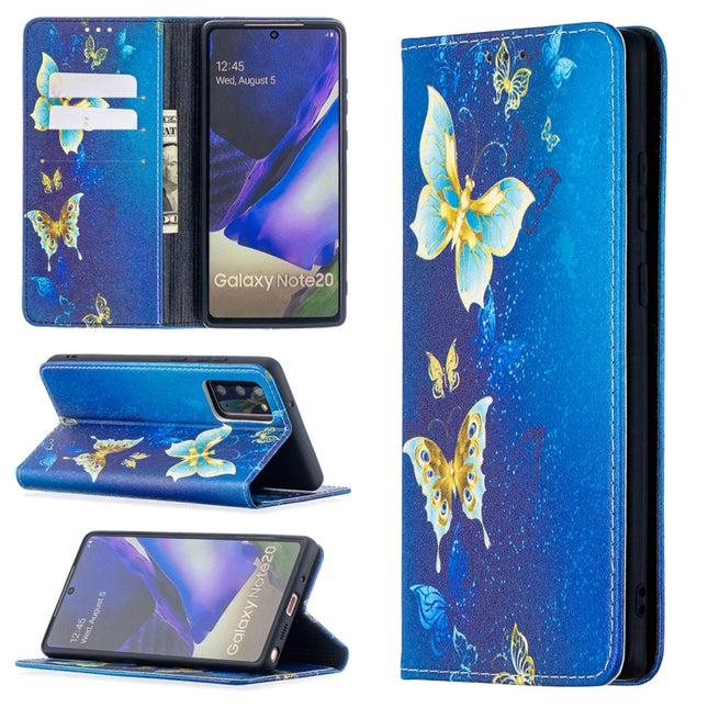 For Samsung Galaxy Note20 Colored Drawing Pattern Invisible Magnetic Horizontal Flip PU Leather Case with Holder & Card Slots & Wallet(Gold Butterflies)-garmade.com