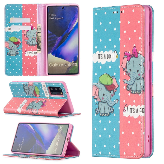 For Samsung Galaxy Note20 Colored Drawing Pattern Invisible Magnetic Horizontal Flip PU Leather Case with Holder & Card Slots & Wallet(Elephants)-garmade.com