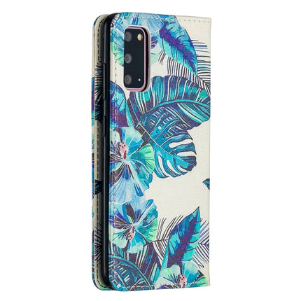 For Samsung Galaxy S20 Colored Drawing Pattern Invisible Magnetic Horizontal Flip PU Leather Case with Holder & Card Slots & Wallet(Blue Leaves)-garmade.com