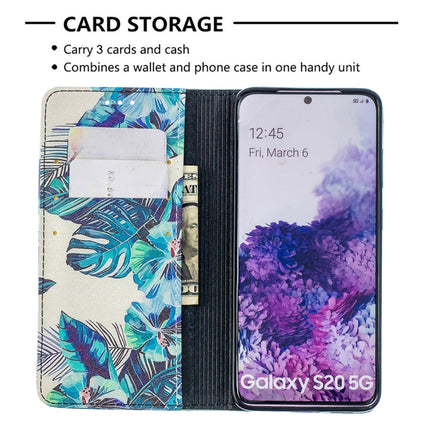 For Samsung Galaxy S20 Colored Drawing Pattern Invisible Magnetic Horizontal Flip PU Leather Case with Holder & Card Slots & Wallet(Blue Leaves)-garmade.com
