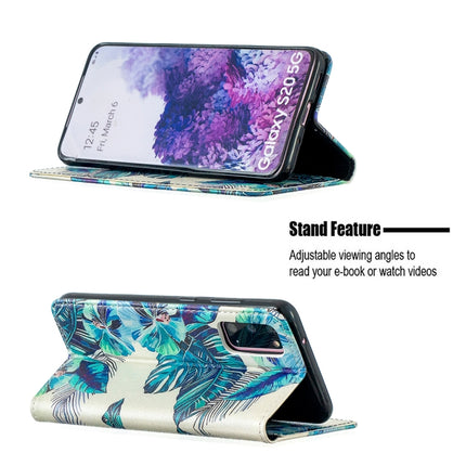 For Samsung Galaxy S20 Colored Drawing Pattern Invisible Magnetic Horizontal Flip PU Leather Case with Holder & Card Slots & Wallet(Blue Leaves)-garmade.com