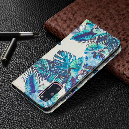 For Samsung Galaxy S20 Colored Drawing Pattern Invisible Magnetic Horizontal Flip PU Leather Case with Holder & Card Slots & Wallet(Blue Leaves)-garmade.com