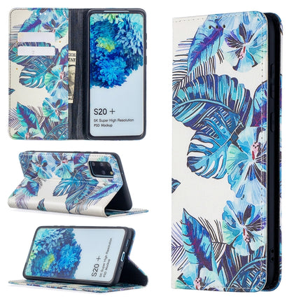 For Samsung Galaxy S20 Plus Colored Drawing Pattern Invisible Magnetic Horizontal Flip PU Leather Case with Holder & Card Slots & Wallet(Blue Leaves)-garmade.com