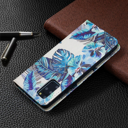 For Samsung Galaxy S20 Plus Colored Drawing Pattern Invisible Magnetic Horizontal Flip PU Leather Case with Holder & Card Slots & Wallet(Blue Leaves)-garmade.com