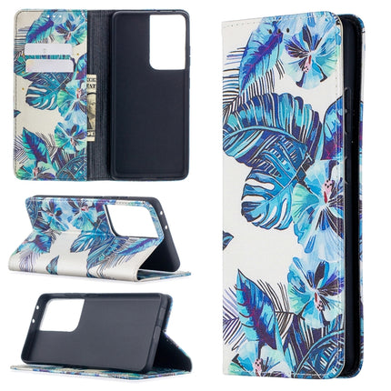 For Samsung Galaxy S20 Ultra Colored Drawing Pattern Invisible Magnetic Horizontal Flip PU Leather Case with Holder & Card Slots & Wallet(Blue Leaves)-garmade.com