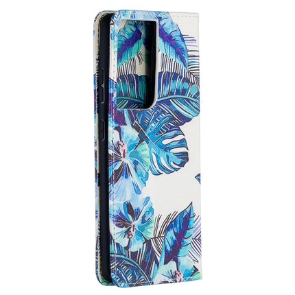 For Samsung Galaxy S20 Ultra Colored Drawing Pattern Invisible Magnetic Horizontal Flip PU Leather Case with Holder & Card Slots & Wallet(Blue Leaves)-garmade.com