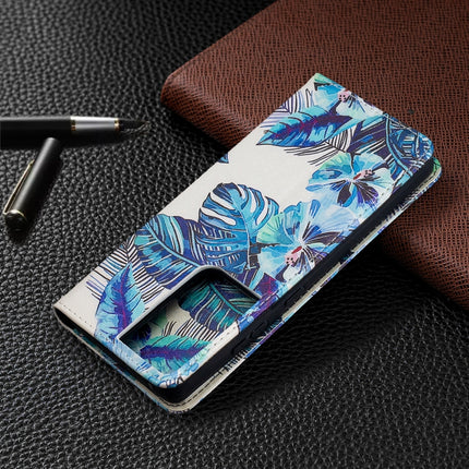 For Samsung Galaxy S20 Ultra Colored Drawing Pattern Invisible Magnetic Horizontal Flip PU Leather Case with Holder & Card Slots & Wallet(Blue Leaves)-garmade.com