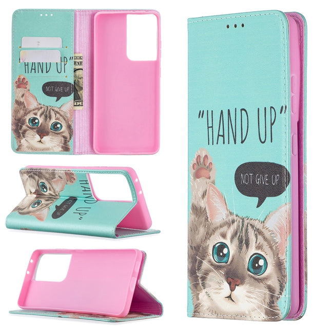 For Samsung Galaxy S21 Ultra 5G Colored Drawing Pattern Invisible Magnetic Horizontal Flip PU Leather Case with Holder & Card Slots & Wallet(Cat)-garmade.com