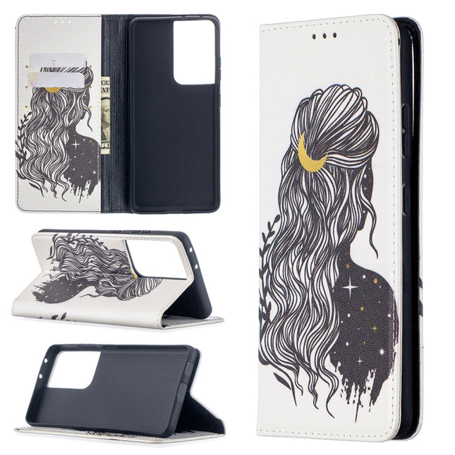 For Samsung Galaxy S21 Ultra 5G Colored Drawing Pattern Invisible Magnetic Horizontal Flip PU Leather Case with Holder & Card Slots & Wallet(Girl)-garmade.com