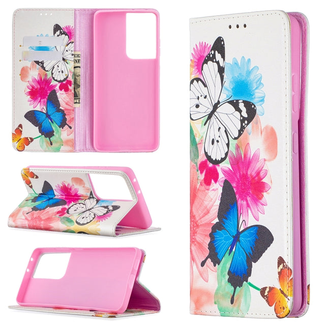 For Samsung Galaxy S21 Ultra 5G Colored Drawing Pattern Invisible Magnetic Horizontal Flip PU Leather Case with Holder & Card Slots & Wallet(Two Butterflies)-garmade.com