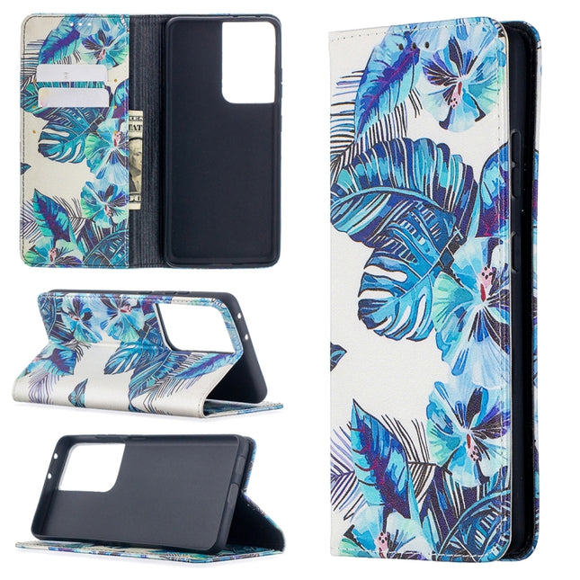For Samsung Galaxy S21 Ultra 5G Colored Drawing Pattern Invisible Magnetic Horizontal Flip PU Leather Case with Holder & Card Slots & Wallet(Blue Leaves)-garmade.com