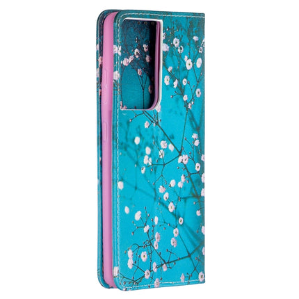 For Samsung Galaxy S21 Ultra 5G Colored Drawing Pattern Invisible Magnetic Horizontal Flip PU Leather Case with Holder & Card Slots & Wallet(Plum Blossom)-garmade.com