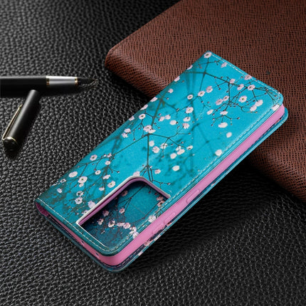 For Samsung Galaxy S21 Ultra 5G Colored Drawing Pattern Invisible Magnetic Horizontal Flip PU Leather Case with Holder & Card Slots & Wallet(Plum Blossom)-garmade.com