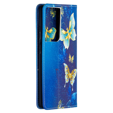 For Samsung Galaxy S21 Ultra 5G Colored Drawing Pattern Invisible Magnetic Horizontal Flip PU Leather Case with Holder & Card Slots & Wallet(Gold Butterflies)-garmade.com