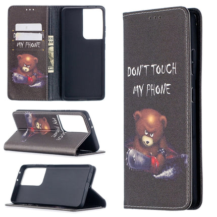 For Samsung Galaxy S21 Ultra 5G Colored Drawing Pattern Invisible Magnetic Horizontal Flip PU Leather Case with Holder & Card Slots & Wallet(Bear)-garmade.com