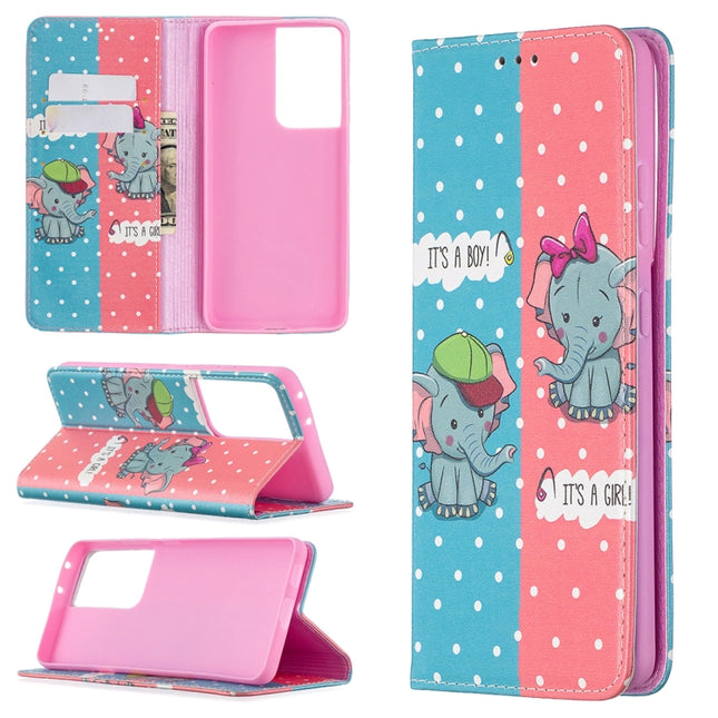 For Samsung Galaxy S21 Ultra 5G Colored Drawing Pattern Invisible Magnetic Horizontal Flip PU Leather Case with Holder & Card Slots & Wallet(Elephants)-garmade.com