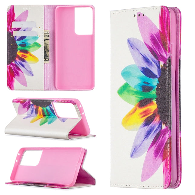For Samsung Galaxy S21 Ultra 5G Colored Drawing Pattern Invisible Magnetic Horizontal Flip PU Leather Case with Holder & Card Slots & Wallet(Sun Flower)-garmade.com