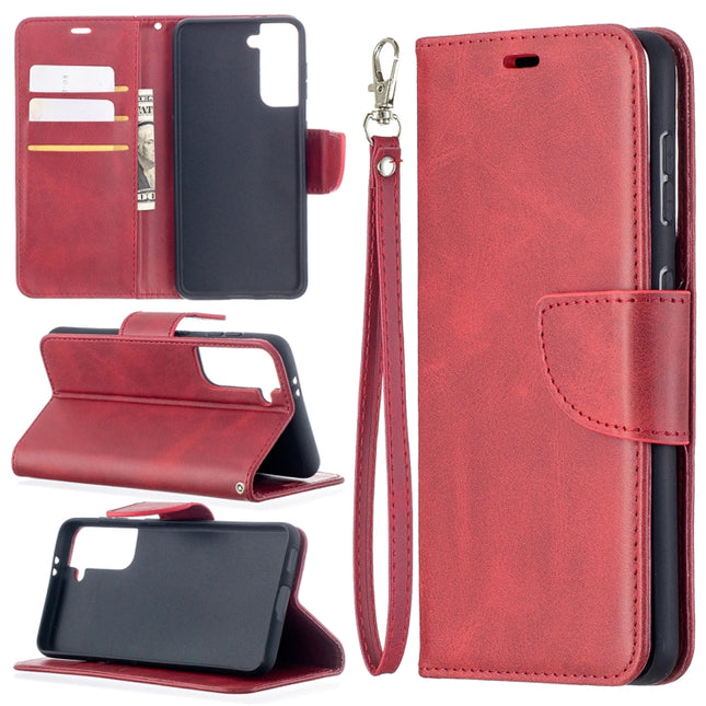 For Samsung Galaxy S21 5G Lambskin Texture Pure Color Horizontal Flip PU Leather Case with Holder & Card Slots & Wallet & Lanyard(Red)-garmade.com