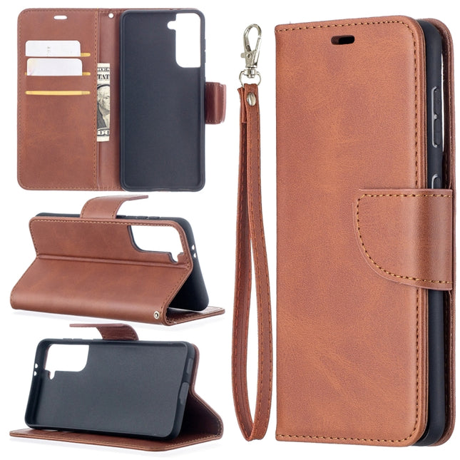 For Samsung Galaxy S21 5G Lambskin Texture Pure Color Horizontal Flip PU Leather Case with Holder & Card Slots & Wallet & Lanyard(Brown)-garmade.com