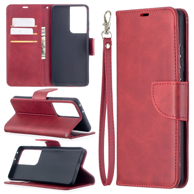 For Samsung Galaxy S21 Ultra 5G Lambskin Texture Pure Color Horizontal Flip PU Leather Case with Holder & Card Slots & Wallet & Lanyard(Red)-garmade.com