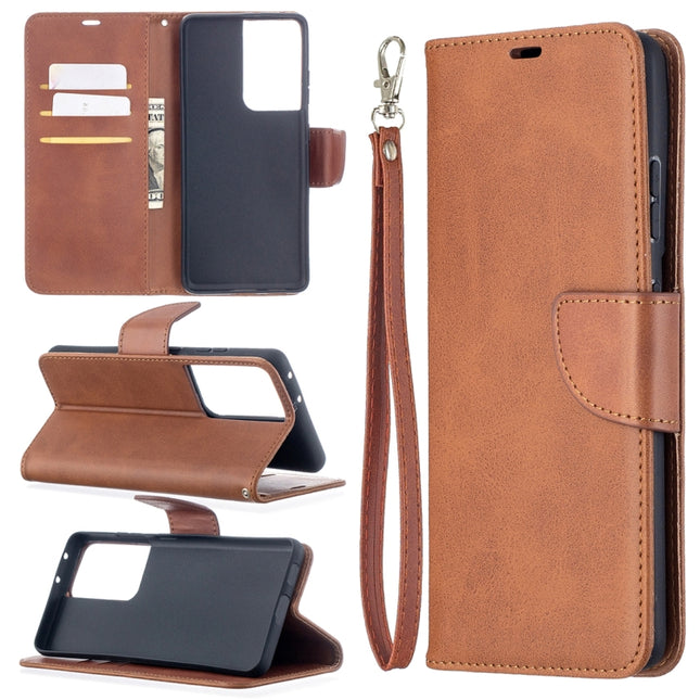 For Samsung Galaxy S21 Ultra 5G Lambskin Texture Pure Color Horizontal Flip PU Leather Case with Holder & Card Slots & Wallet & Lanyard(Brown)-garmade.com