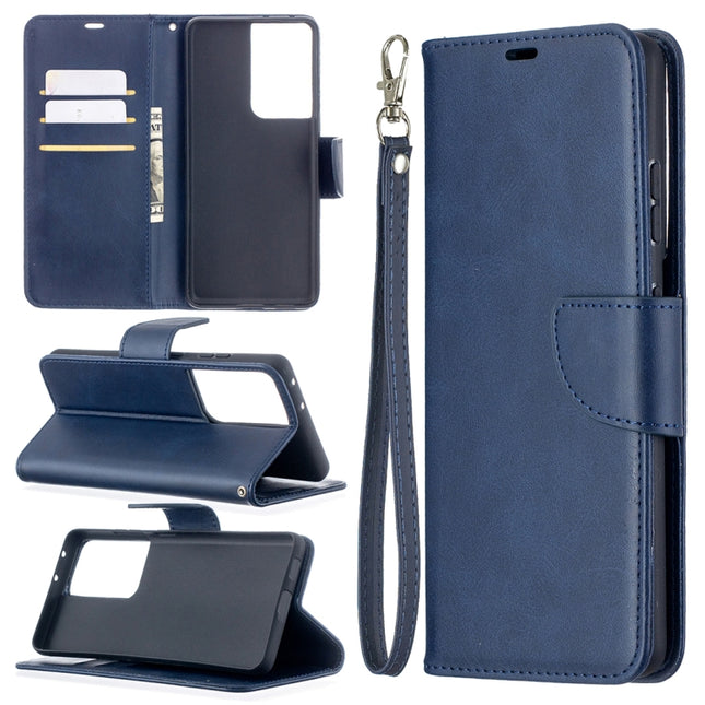For Samsung Galaxy S21 Ultra 5G Lambskin Texture Pure Color Horizontal Flip PU Leather Case with Holder & Card Slots & Wallet & Lanyard(Blue)-garmade.com