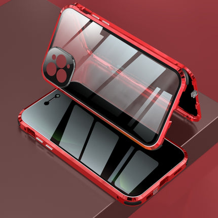 Four-corner Shockproof Anti-peeping Magnetic Metal Frame Double-sided Tempered Glass Case For iPhone 11 Pro(Red)-garmade.com