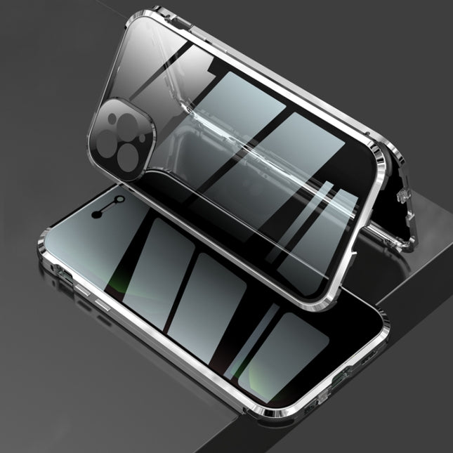 Four-corner Shockproof Anti-peeping Magnetic Metal Frame Double-sided Tempered Glass Case For iPhone 11 Pro Max(Silver)-garmade.com