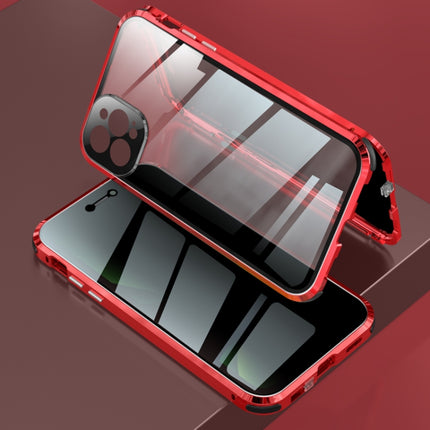Four-corner Shockproof Anti-peeping Magnetic Metal Frame Double-sided Tempered Glass Case For iPhone 12 Pro(Red)-garmade.com