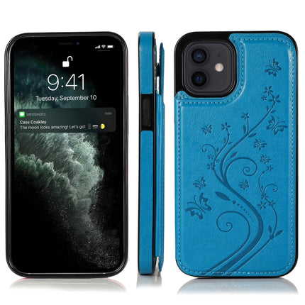 Butterflies Flowers Double Buckle PU + TPU Protective Case with Holder & Card Slots & Photo Frame For iPhone 12 mini(Blue)-garmade.com
