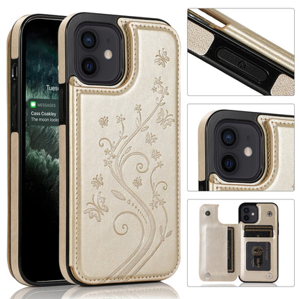 Butterflies Flowers Double Buckle PU + TPU Protective Case with Holder & Card Slots & Photo Frame For iPhone 12 mini(Gold)-garmade.com