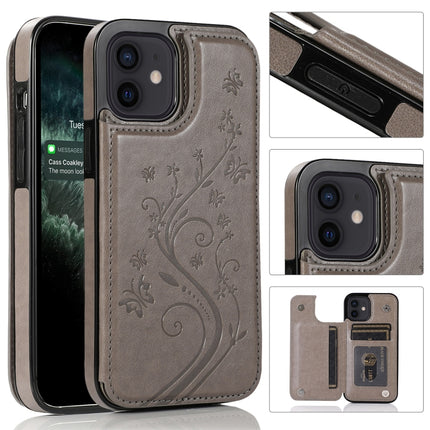 Butterflies Flowers Double Buckle PU + TPU Protective Case with Holder & Card Slots & Photo Frame For iPhone 12 mini(Grey)-garmade.com