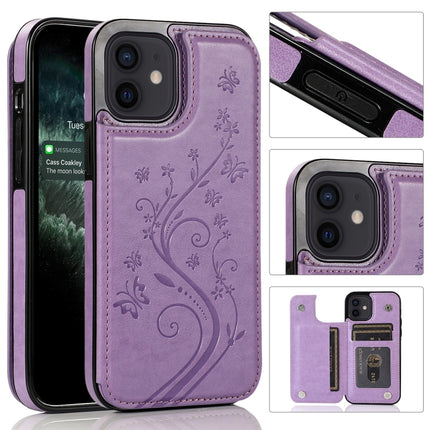 Butterflies Flowers Double Buckle PU + TPU Protective Case with Holder & Card Slots & Photo Frame For iPhone 12 mini(Purple)-garmade.com