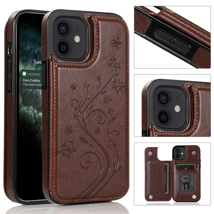 Butterflies Flowers Double Buckle PU + TPU Protective Case with Holder & Card Slots & Photo Frame For iPhone 12 mini(Brown)-garmade.com