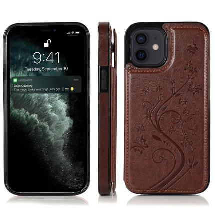 Butterflies Flowers Double Buckle PU + TPU Protective Case with Holder & Card Slots & Photo Frame For iPhone 12 mini(Brown)-garmade.com