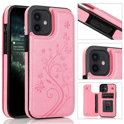 Butterflies Flowers Double Buckle PU + TPU Protective Case with Holder & Card Slots & Photo Frame For iPhone 12 mini(Pink)-garmade.com