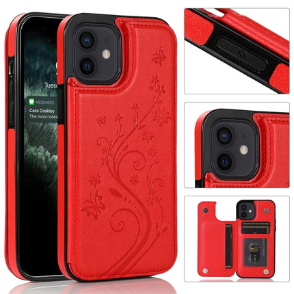 Butterflies Flowers Double Buckle PU + TPU Protective Case with Holder & Card Slots & Photo Frame For iPhone 12 mini(Red)-garmade.com