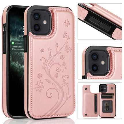 Butterflies Flowers Double Buckle PU + TPU Protective Case with Holder & Card Slots & Photo Frame For iPhone 12 mini(Rose Gold)-garmade.com