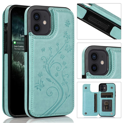 Butterflies Flowers Double Buckle PU + TPU Protective Case with Holder & Card Slots & Photo Frame For iPhone 12 mini(Green)-garmade.com